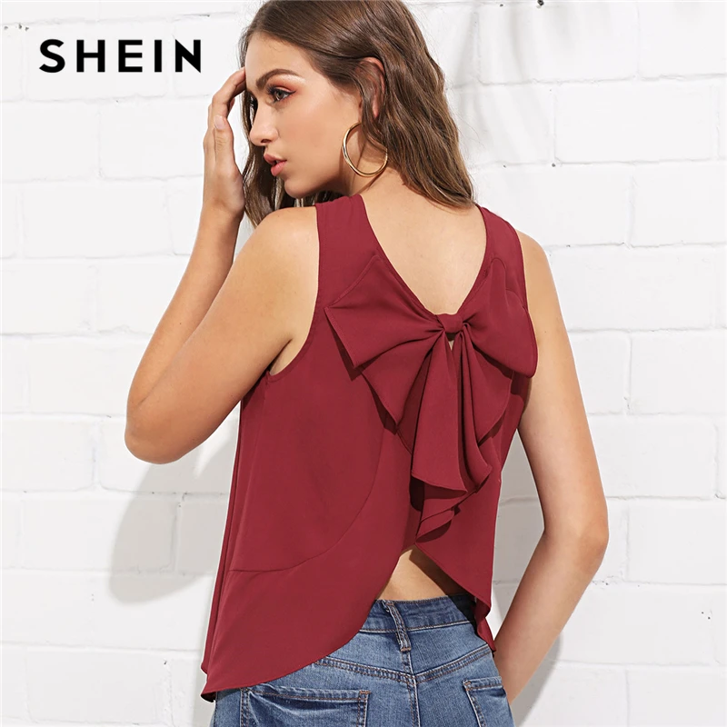 Buy SHEIN Burgundy Elegant Bow Knot Curved Back Shell