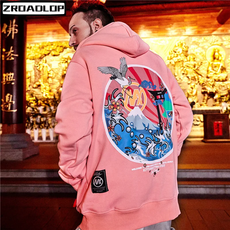 

2019 Japanese Embroidered Cranes Fleece Hoodies Streetwear Men Women 2019 Hip Hop Casual Pullover Sweatshirts Pink Navy Blue