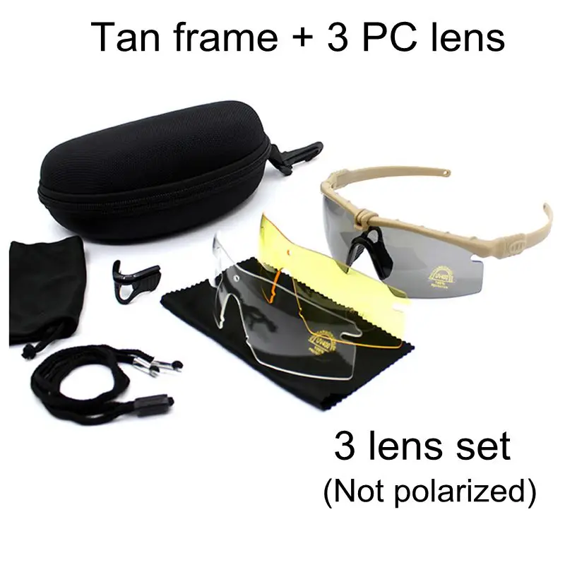 Поляризационные тактические очки Для мужчин Открытый Солнцезащитные очки военные страйкбольных игры очки Охота Кемпинг Тактический очки с 3 объектива - Цвет: No polarized tan