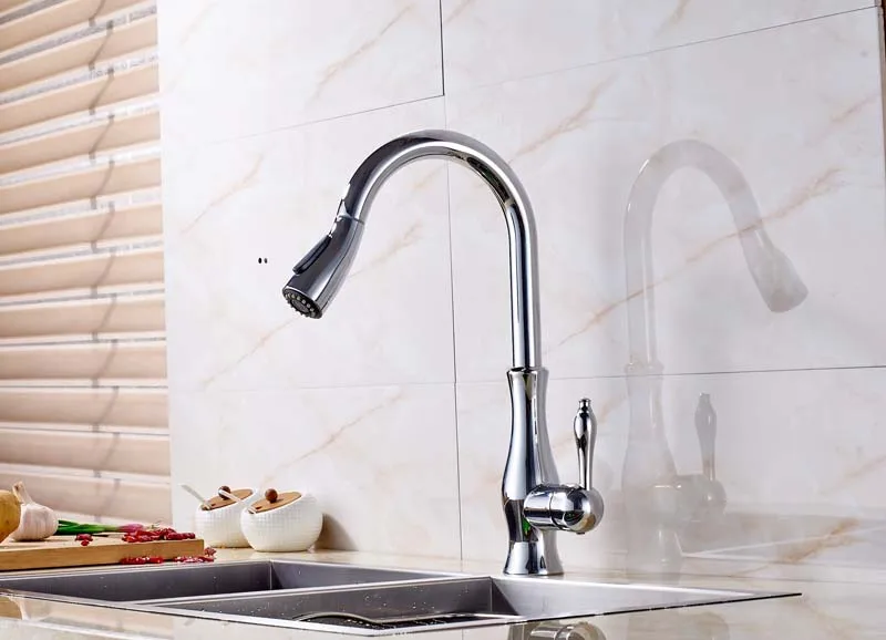 High Arch Pull Out 360 Degree Rotation Kitchen Sink Faucet