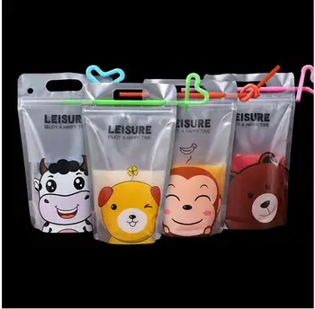 

100 pcs Colorful Cute Cartoon Plastic Beverage Bag DIY Drink Container Drinking Water Bag for Juice Food Storage Bag