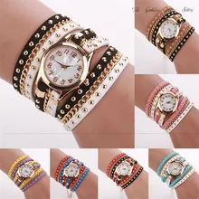 New gift 2017 Relogio Feminino Reloj Mujer Women watch lady Crystal Rivet Bracelet Braided Winding Wrap Quartz WristWatch P*21