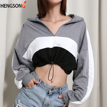 

New Autumn Women Hoody Long Sleeve Short Pullovers Deep V Neck Zipper Drawstring Crop Top Stripe Sweatshirt Hoodies