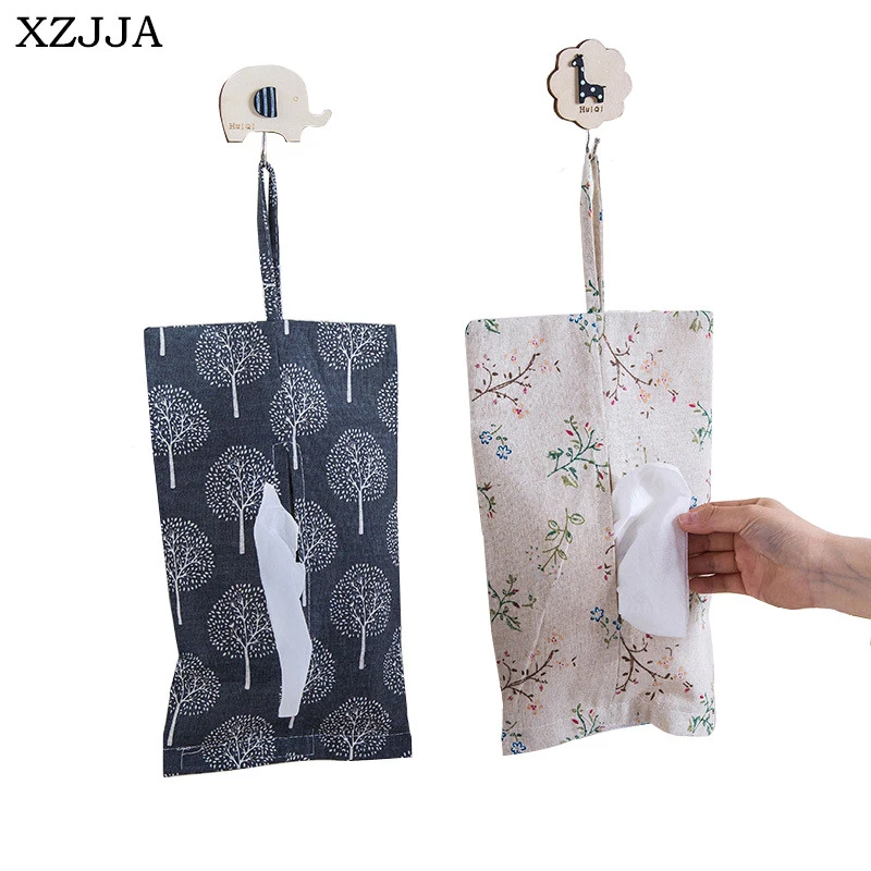 

XZJJA Cotton Linen Tissue Storage Bags Simple Plants Tissue Box Holder Home Car Napkin Paper Container Hanger Napkin Case Cover