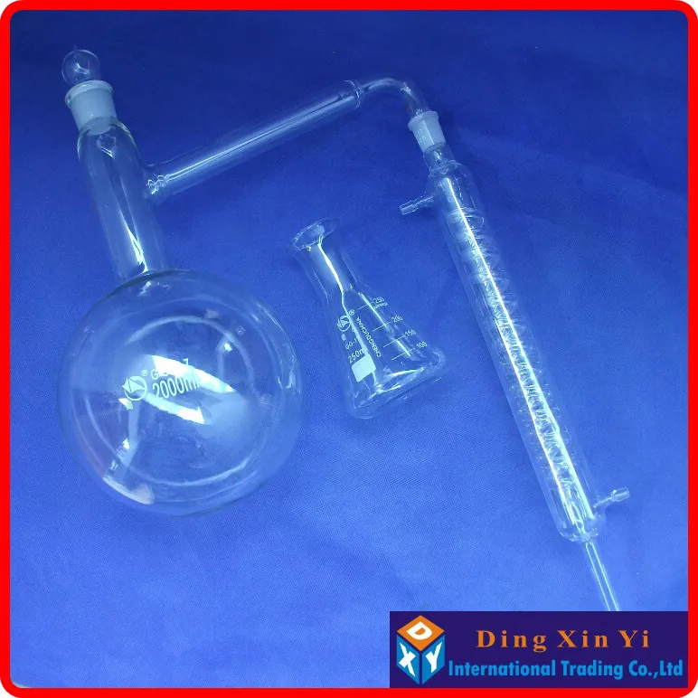 

2000ml Distiling Apparatus with ground glass joints,Glass distillation unit,distillation flask+graham condenser+conical flask