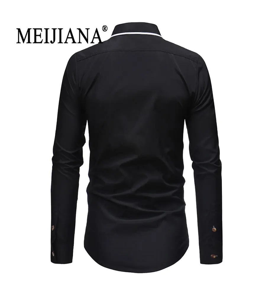 С длинным рукавом Роскошные повседневные Slim Fit Мужчины Весна Осень особенности мужские Длинные Топы Turn-Down воротник сплошной цвет Гавайская Повседневная рубашка