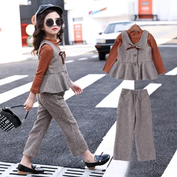 

Children Sets 2020 Casual T-shirts + Vest + Plaid Pants Toddler Girls Clothing Sets Kids Spring Suit 4 5 6 7 8 9 10 12 14 Years