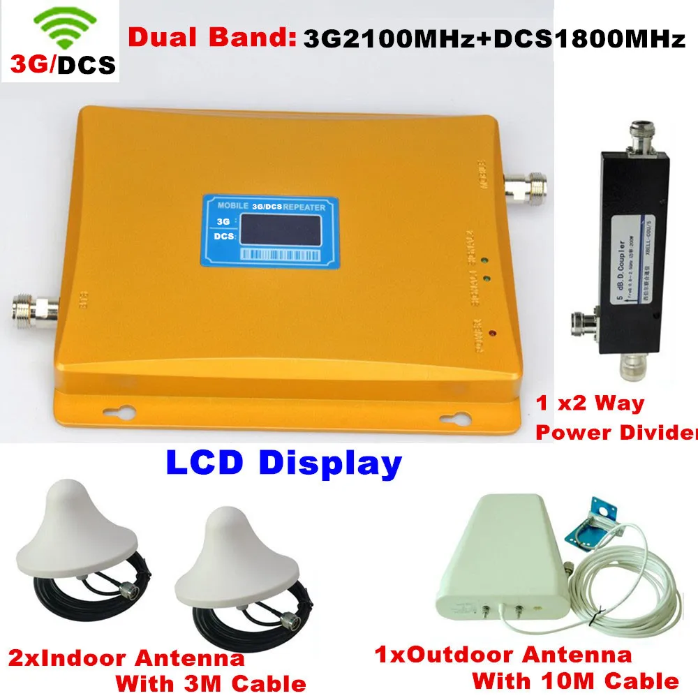 

LCD display Dual band 4G DCS 1800MHz + 3G WCDMA 2100mhz cell phone signal booster / repeater / amplifier + 2 sets indoor antenna