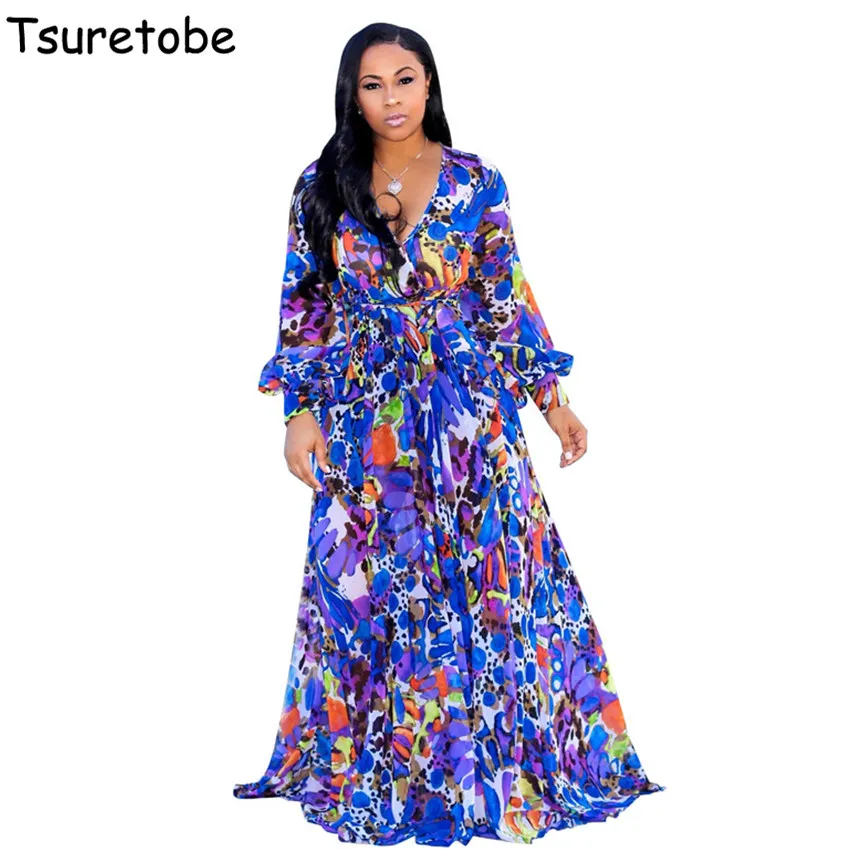 

Tsuretobe 2018 New Floral Print Loose Dress Women Vintage Elegant Bodycon Dress Party Maxi Long Lantern Sleeve Dress Female