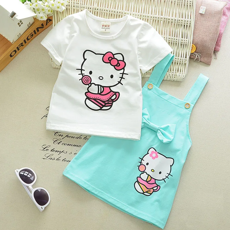 Одежда для девочек хлопковая юбка на подтяжках летняя футболка с короткими рукавами из двух предметов качественная одежда для детей 1-4 лет с рисунком кота - Цвет: Photo Color