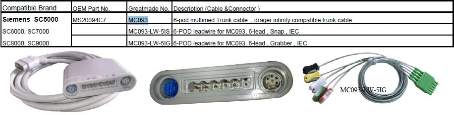 Совместим с Siemens SC5000/SC6000/SC7000/SC8000/6-Pod Multimed кабель дальней связи ecg, Drager Infinity совместимый магистральный кабель