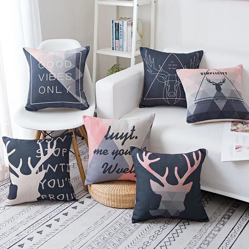 

Modern Style Christmas Pillow Case 45*45 For Living Room Soft Black Pink Deer Letter Pillow Cover Modern Cushion Cover For Youth