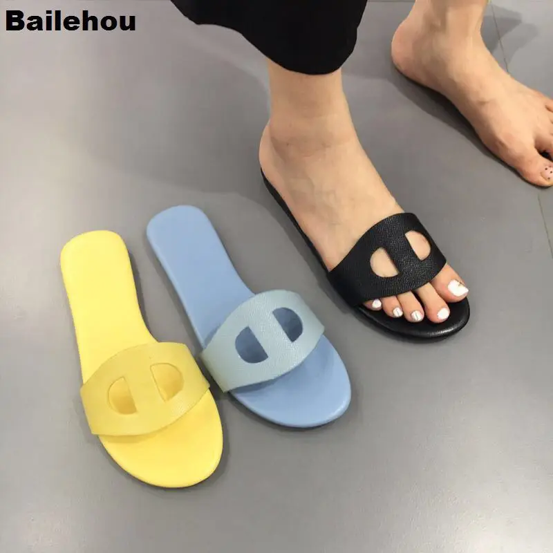 

2019 Newest Summer Flat Slippers Shoes Women Slip On Female Outside Slides Cut Out Shallow Open Toe Sapatos Mujer Brand Slippers