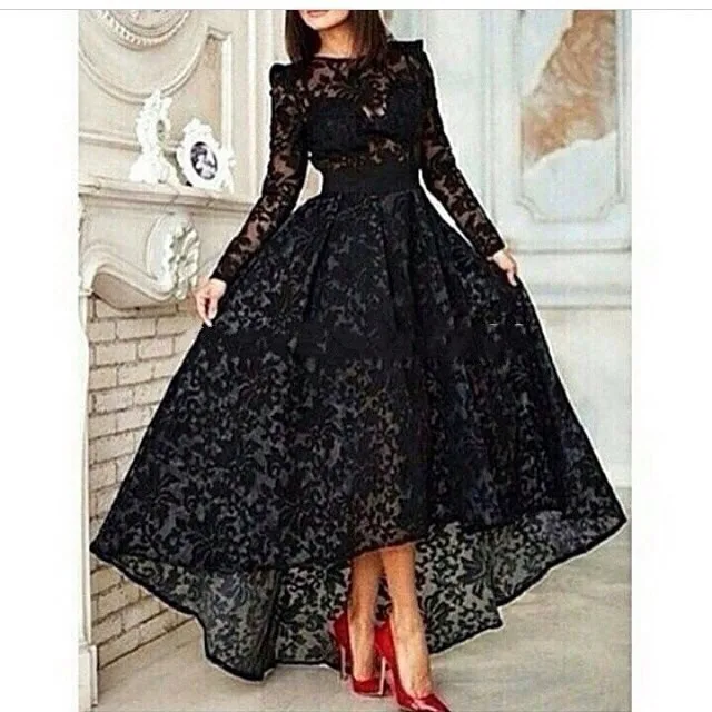 Buy Fashion Designer Black Lace High low Long Sleeves