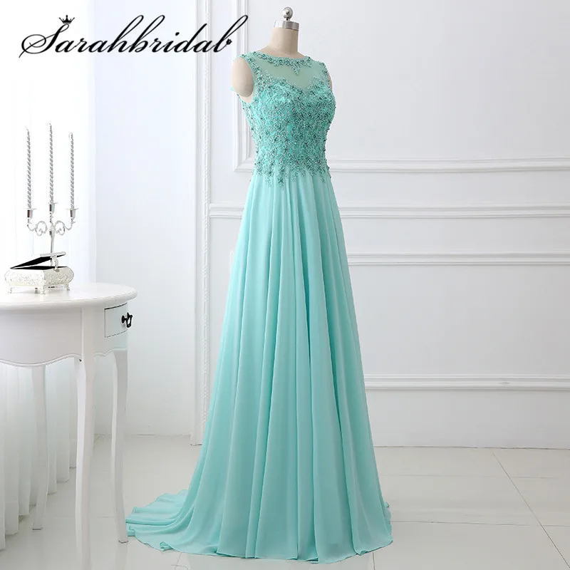 Mint Evening Dresses Long hot Sheer Jewel Neck Lace Applique Beaded Robe De Soiree Real Photo Backless Prom Party Gown LX329