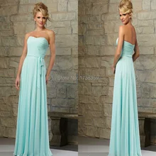 Customize 2015 Sexy Pleat Strapless Sashes Adult Sweetheart Neckline Floor Length A Line Mint Chiffon Long Bridesmaid Dresses