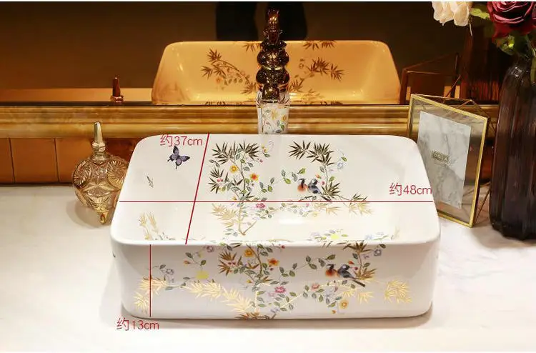 Разные размеры художественные птицы и золотые листья фарфоровая столешница раковина для ванной комнаты