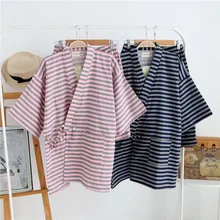 Полосатый кимоно Pijama шорты для женщин для мужчин и Пара Лето Хлопок марли короткий рукав юката Японский традиционная одежда для сна