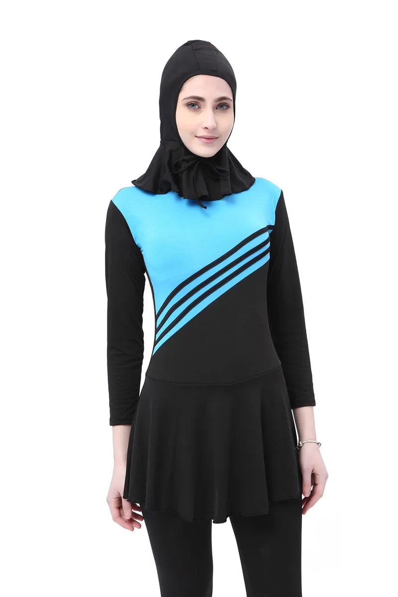 Women's Beautiful Long sleeve One Piece Muslim Swimsuit Blue Slash Breast