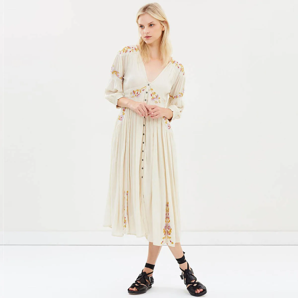 

Glow Chic Midi Dress Women 2019 Summer V neck Split Button-up Sexy Dresses Ladies Boho Floral Embroidery Beach Party Long Dress
