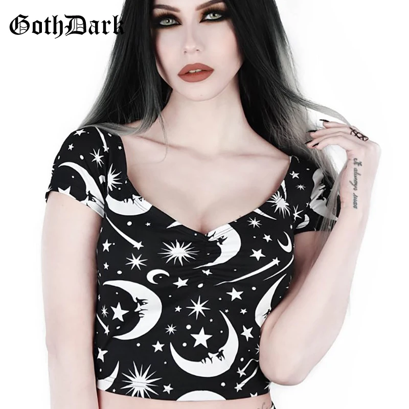 

Goth Dark Black Aesthetic Vintage Gothic Female T-shirts Print V-neck Backless Crop Top Sexy Grunge Summer 2019 Fashion T-shirt