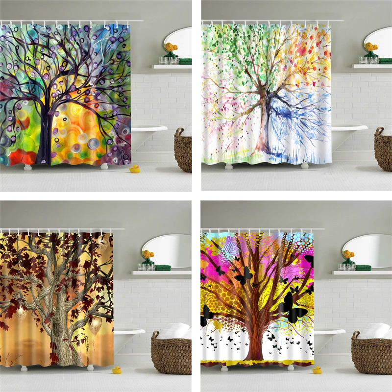 

Bathroom supply shower curtains set abstract trees printed waterproof fabric cloth bath curtain screen with hooks