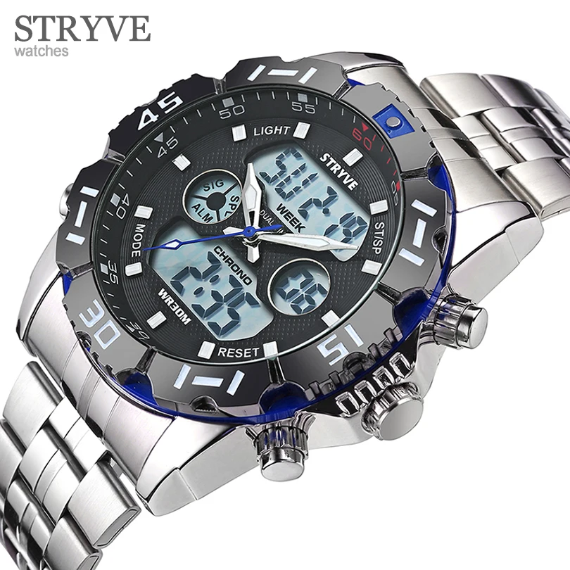 

STRYVE Luxury Brand Watches Men Sports Watch Stainless Steel Digital Quartz Dual Display Watch Montre Homme Reloj de los hombres