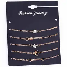 FAMSHIN 5 pcs/set Vintage Gold Color Crystal Moon Bracelet Set Punk Key Letter V Bracelets Love Moon Bijoux Jewelry Gifts