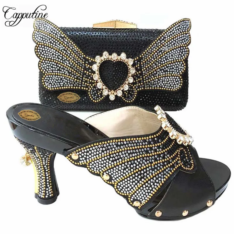 

Black Color African Ladies Crystal Shoes And Bags Set Italian Style High Heel Slipper Shoes And Bag Set For Party 6Colors TX-652