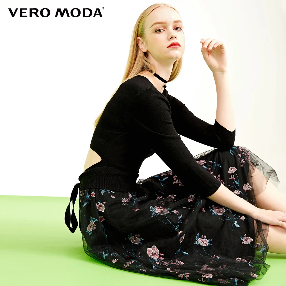 Vero Moda summer new style with mesh gauze embroidery A-line three-quarter sleeve round neck dress | 318146505 - Цвет: Black