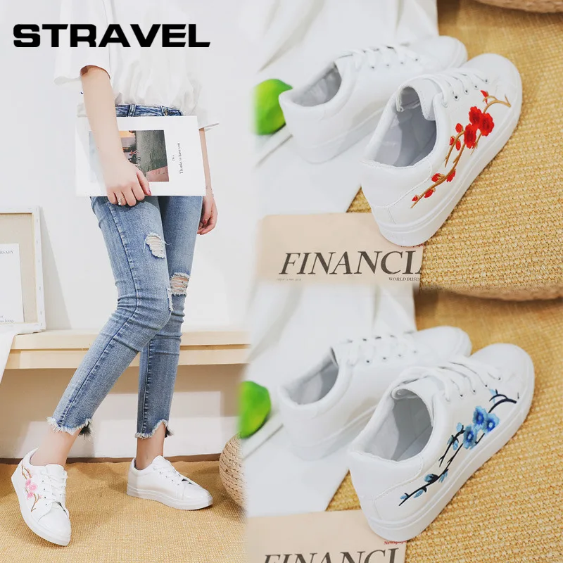 

Stravel Women Canvas Shoes Girls Vulcanize Shoes Lace-up Flowers Casual Walking Shoes Woman Sneakers Candy Colors Ladies Flats