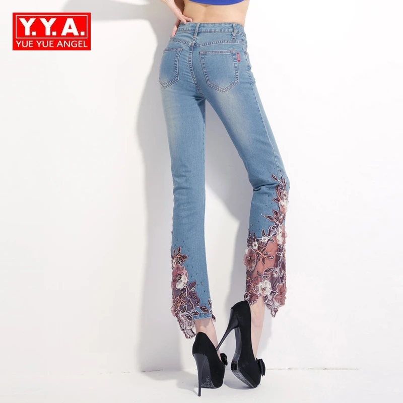 

2017 New Style Fashion Womens Boot Cut Jeans Female Denim Trousers Embroidered Bell Bottom Jean Pants For Woman High Quality