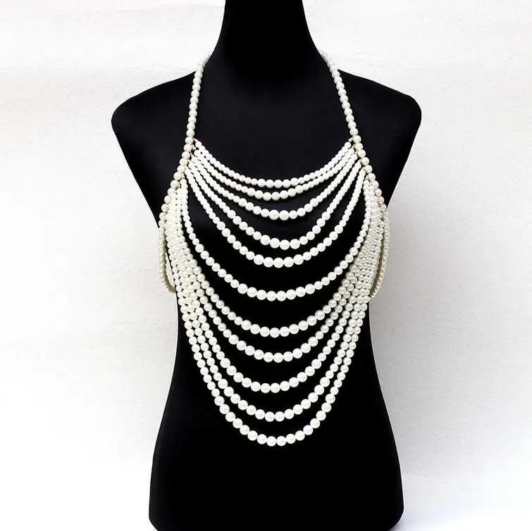 Exaggerated multi layer pearl chain tassel beaded harness necklace halter women sexy wedding bridal body jewelry Exaggerated multi layer pearl chain tassel beaded harness necklace halter women sexy wedding bridal body jewelry