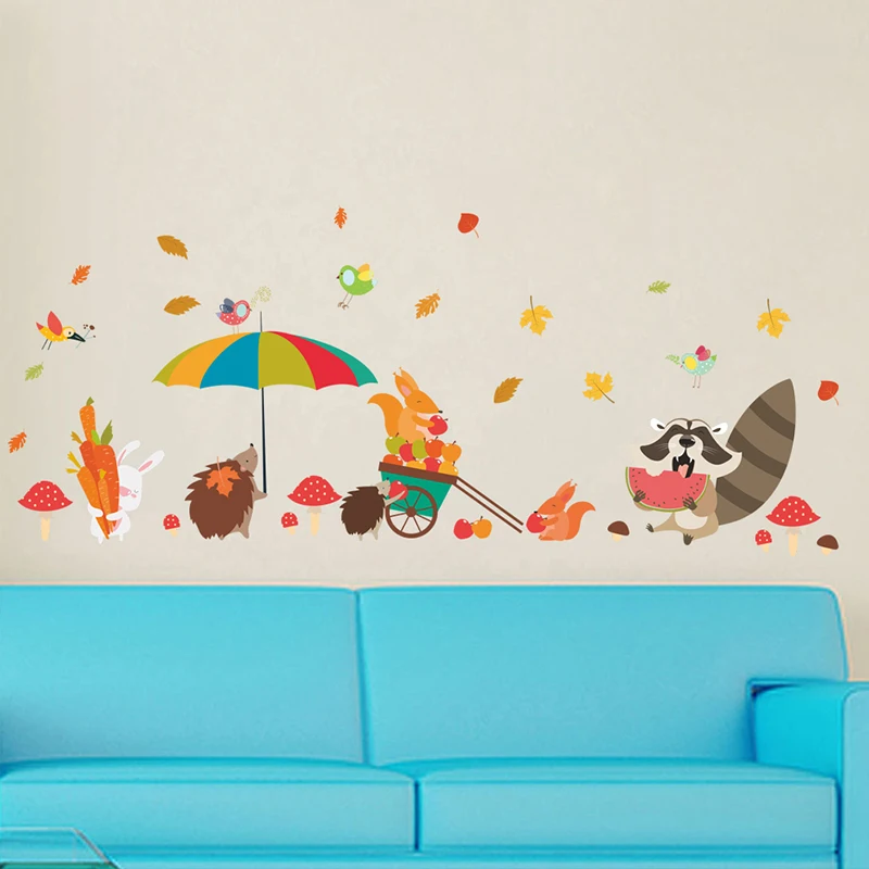 Late Autumn Squirrel Hedgehog Birds Wall Stickers Kids Room Bedroom accessories Cartoon Animal Wall Decal DIY Mural Art Poster