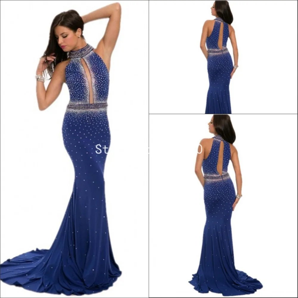 Expensive Women High Neck Crystal Beaded Royal Blue Mermaid Prom Dress With Open Back 2016