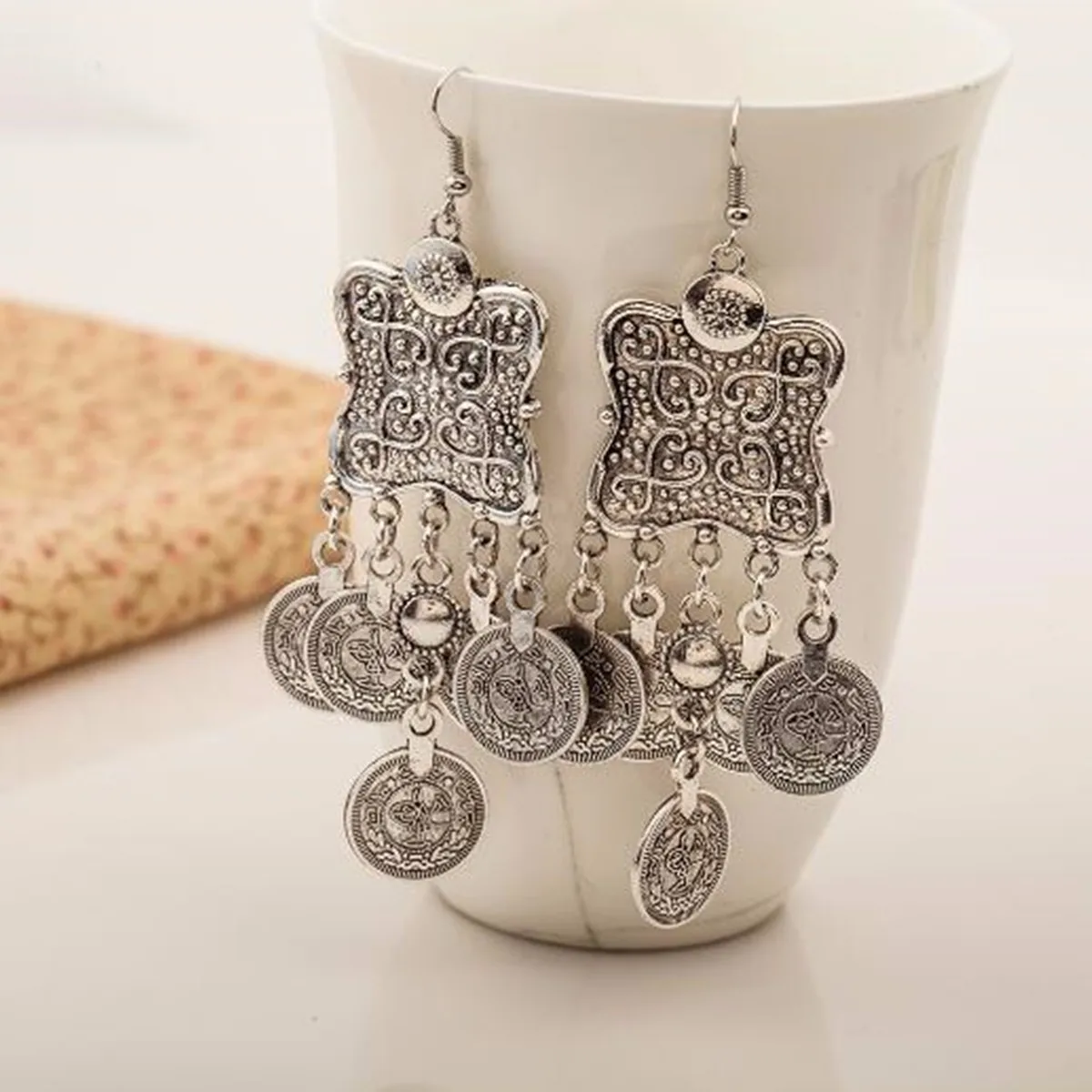 

Carving Flower Coin Statement Dangle Earrings Boho Vintage Ancient Antique Silver Ethnic Bohemian Gypsy India Style Jewelry