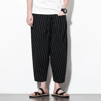 

Spring summer men's casual pants big pockets pants pants bloomers 9 points pants hip hop loose Plus size vertical stripes pants