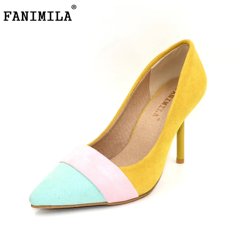

FANIMILA women thin high heel shoes woman mixed color pupms pointed toe party footwear high heeled shoes size 32-43 PE00142