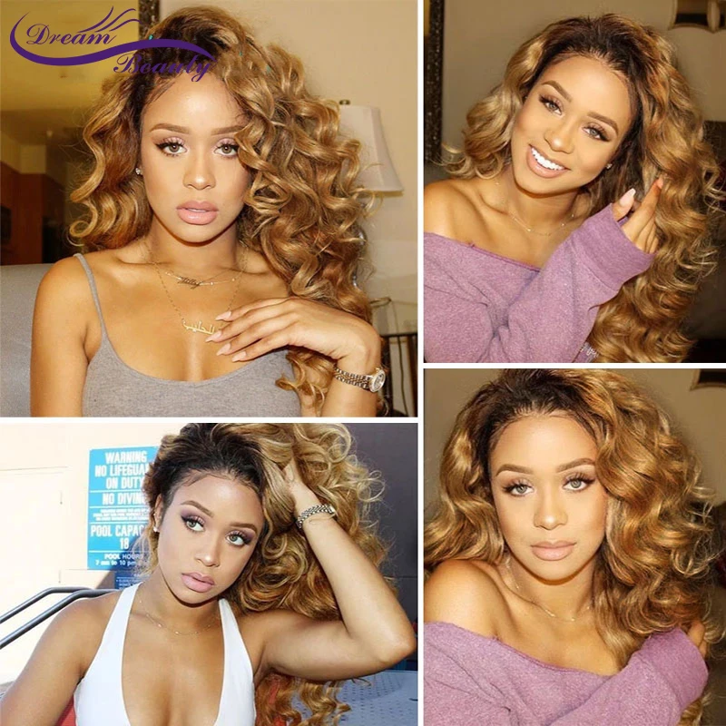 180 Density Ombre Human Hair Wig with Baby Hair Colored 1b/27 Dark Roots Honey Blonde 13X6Lace Fron