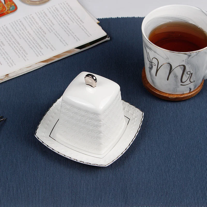 Quail 4 Inch Butter Box,Ceramic Butter Plate,White,with Lid,Cheese Storage Tray Butter Dish,Golden Trim