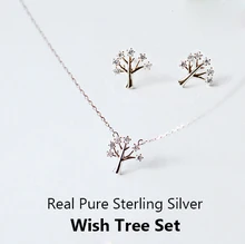100% Real Puro Plata Esterlina CZ Diamond Joyería de Piedra Cristalina de La Joyería Necklace + Earrings mujeres Wish Tree Joyería Conjunto