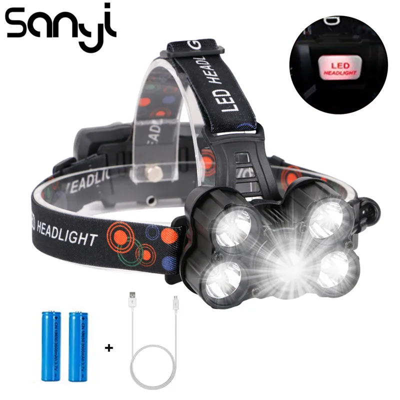 SANYI 5 * XML T6 светодиодный налобный фонарь USB перезаряжаемая фара 4 режима для охоты