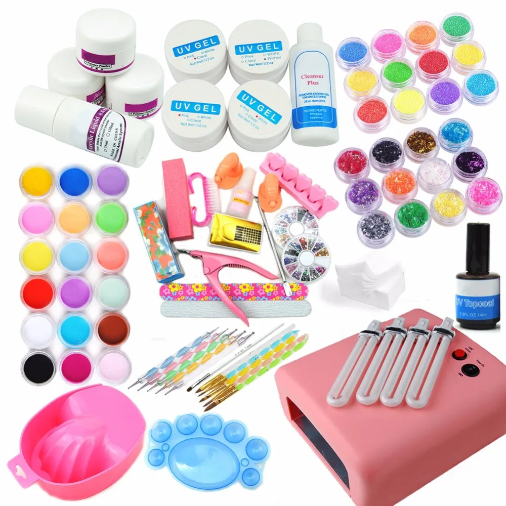 

Pro Nail Art Set For Manicure 36W UV Lamp For Nail Manicure Machine Nail Gel Manicure Set 42pcs Glitter Powder Sanding Block