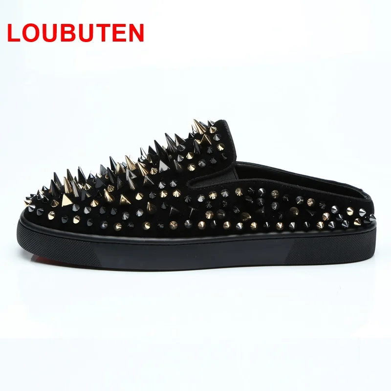 LOUBUTEN Black Suede Men Shoes Luxury Fashion Spiked Loafers Men Handmade Slippers Plus Size Slip-on Men Casual Shoes