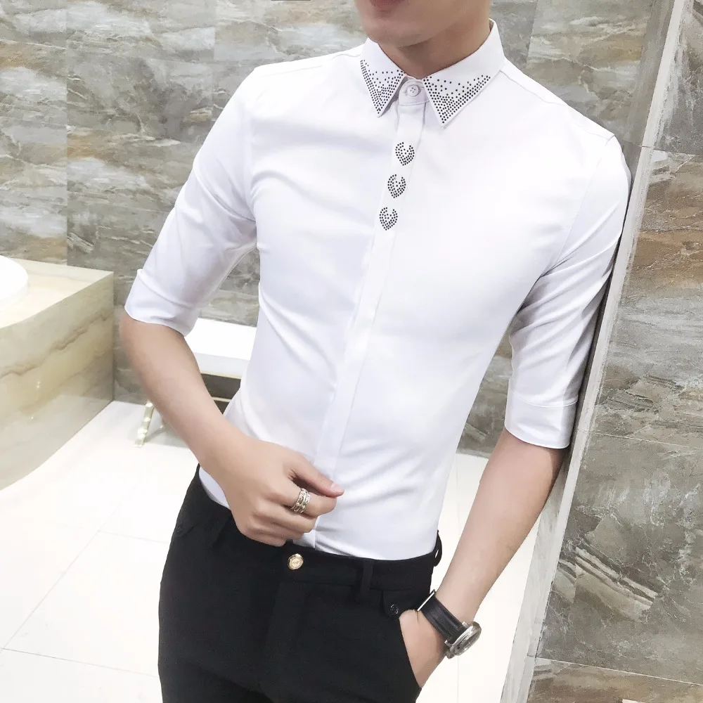 Новая мода Горячая бренд летняя мужская повседневная Высококачественная однотонная короткая верхняя одежда мужской тонкий корейский стиль Горячая бурение рубашка