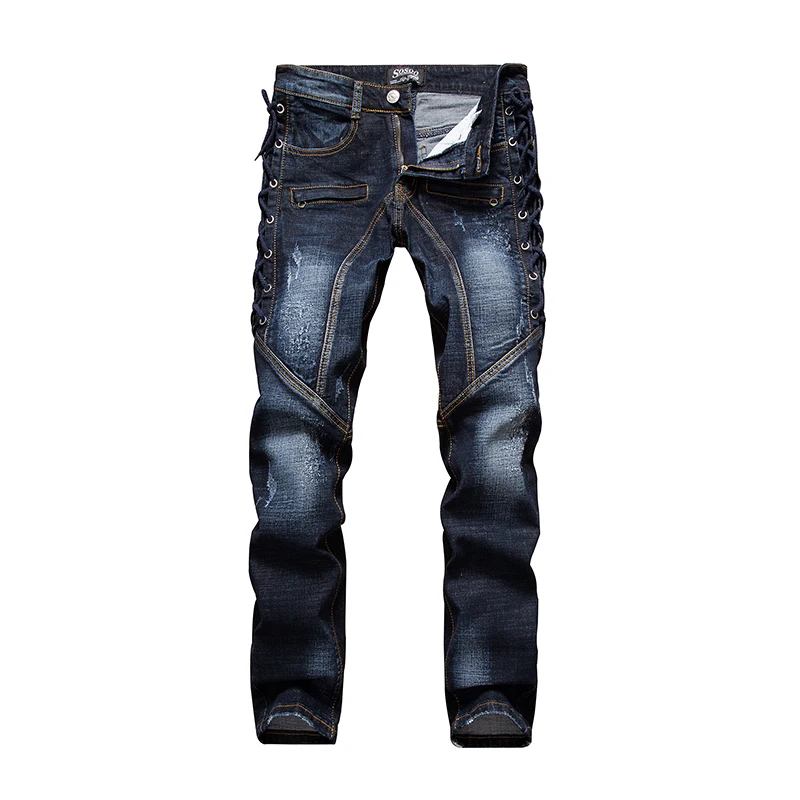 Men s ripped jeans Slim fit patchwork print denim pants Fashion zipper pocket long trousers LS
