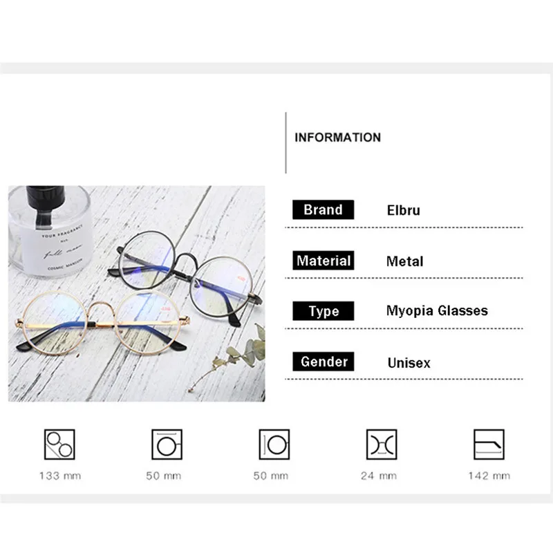 Elbru готовые Рецептурные очки для близоруких мужчин и женщин винтажные металлические очки для близорукости круглые очки для близорукости прозрачные линзы диоптрий