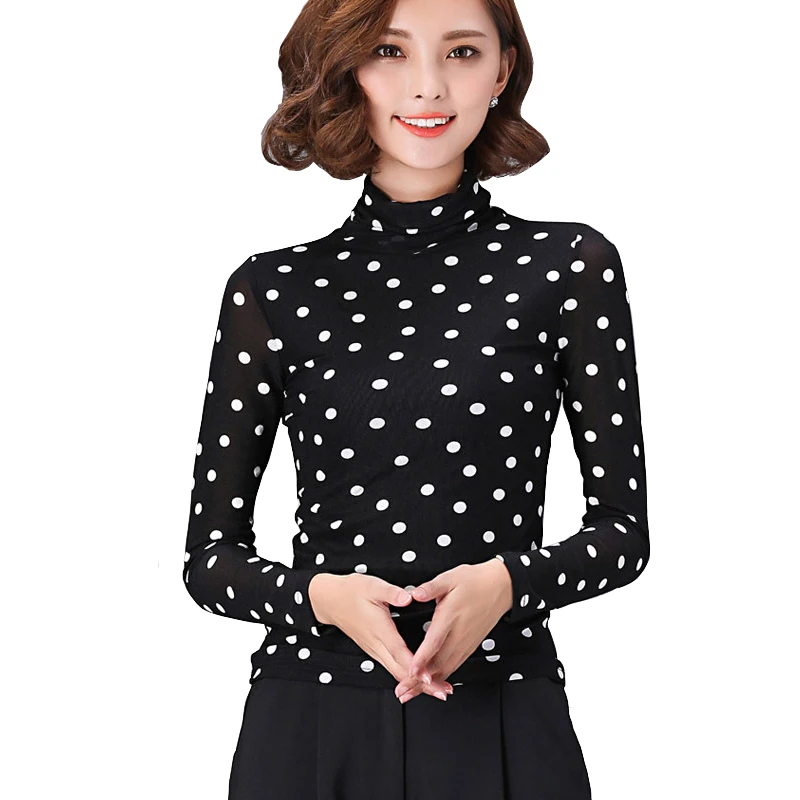 Fashionable Fall Women Mesh Shirts Long Sleeve Polka Dots Turtle Neck
