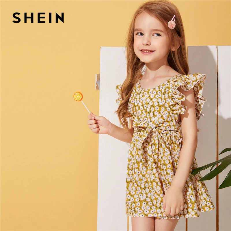 

SHEIN Kiddie Toddler Girls Yellow Ditsy Floral Ruffle Trim Casual Belted Dress 2019 Summer Sleeveless Fit And Flare Cute Dresses