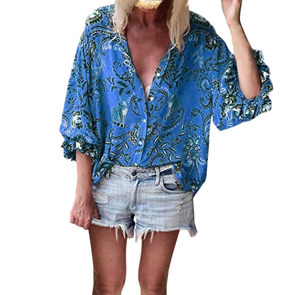 2019 Women's casual printed button lotus leaf sleeve shirt top and blouses summer sexy blouses women beach pretty blouses 40J12 (4)